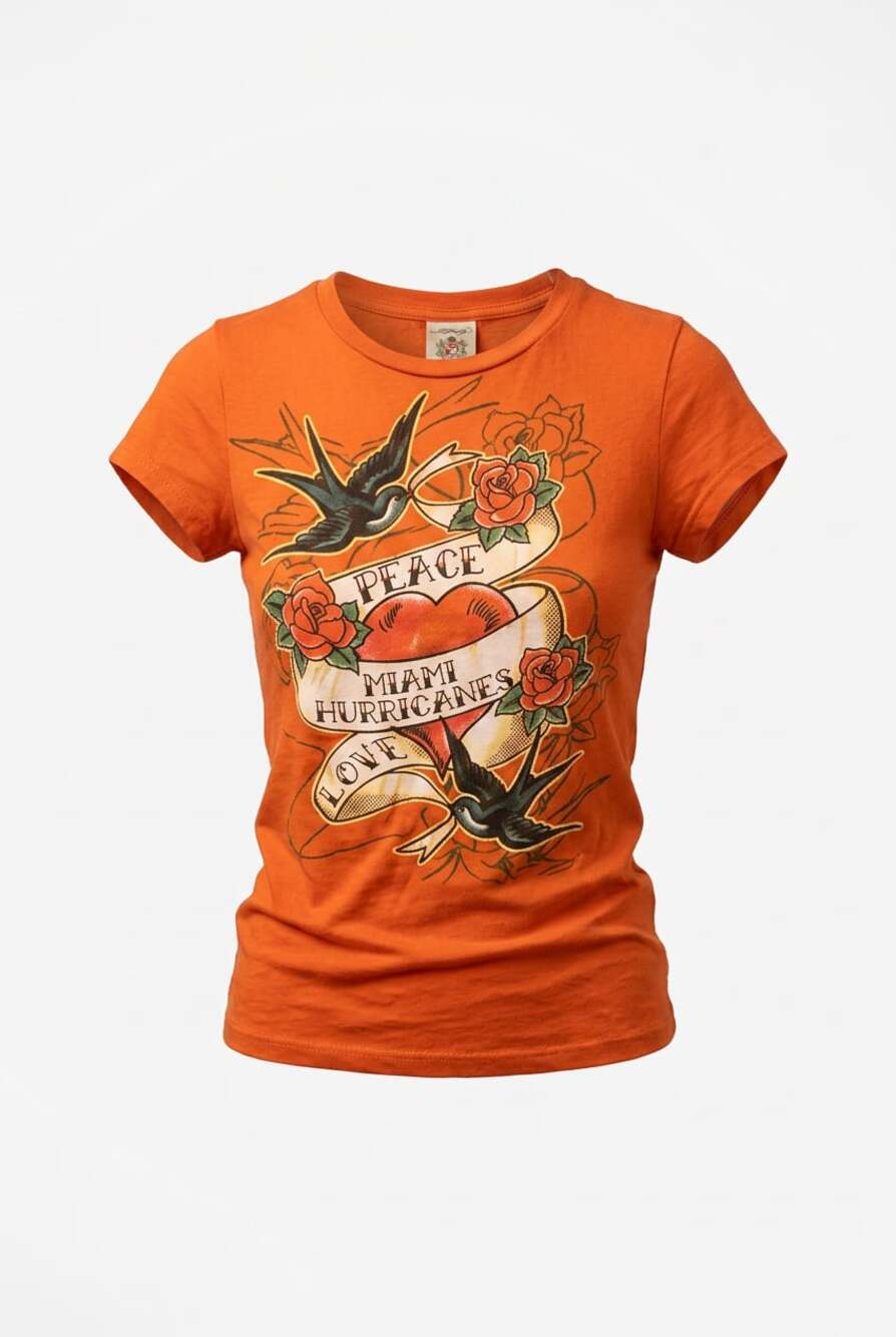 Ed Hardy Miami Hurricanes Graphic Print Orange T-Shirt